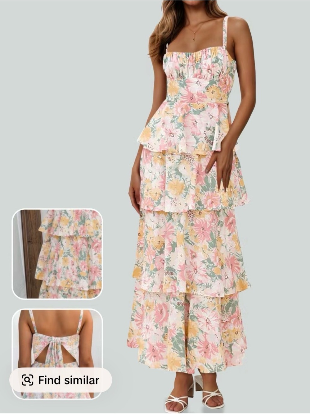 Floral Tiered Maxi Dress with Bow Back - Pastel Pink & Yellow